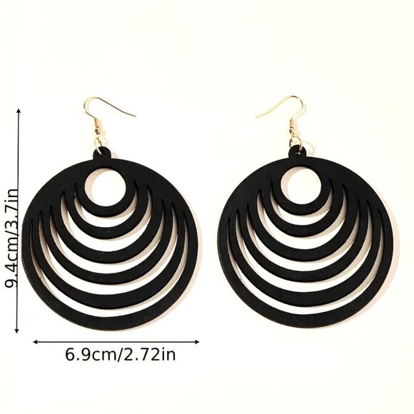 Earrings Wood Large Hollow Cut Bohemian Dangle Boho Carved Hippie Trendy Black - Picture 3 of 3